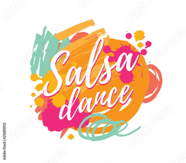 Fototapeta Salsa dance vector logotype. Abstract brushes colorful background. Poster for dance party, cards, banners, t-shirts, dance studio.