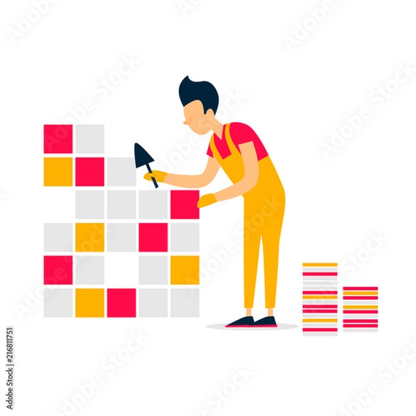 Fototapeta Tile laying, repair, bathroom, building. Flat style vector illustration