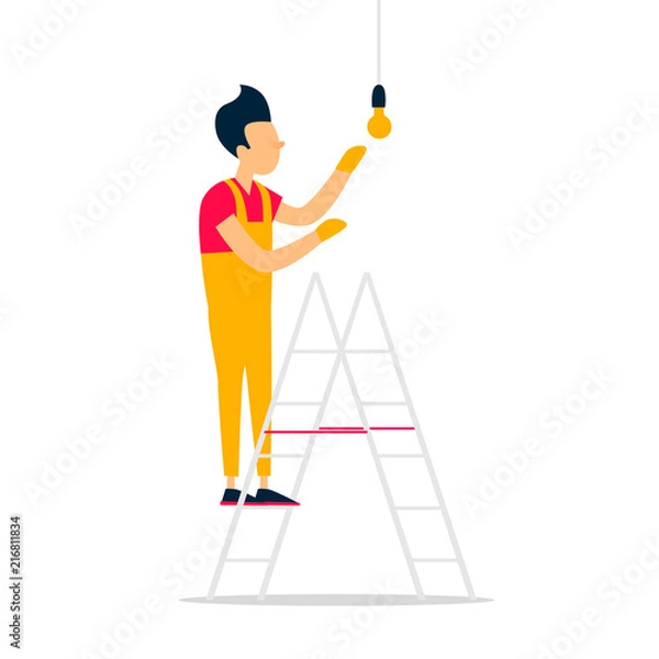Fototapeta Electrician hangs a light bulb, repairs, construction. Flat style vector illustration
