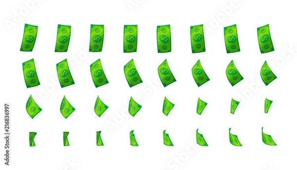 Obraz Sprite animation falling money paper dollars green glossy cartoon