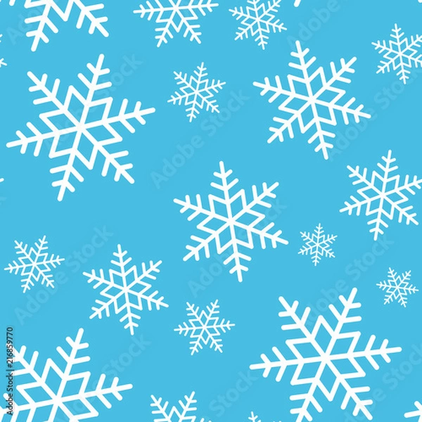 Fototapeta Snowflake seamless pattern. Snow on blue background. Abstract wallpaper, wrapping decoration. Symbol winter, Merry Christmas holiday, Happy New Year celebration Vector illustration.