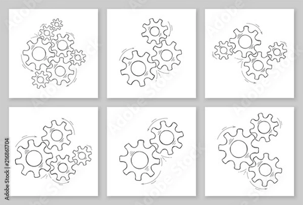 Fototapeta Mechaniczne koła zębate kolekcja ręcznie rysowane ilustracji wektorowych. Zestaw koncepcji współpracy, układ silnika z naszkicowaną zębatką i przekładnią oznaczają ludzki postęp. Cogwheel doodle grafiki dla elementu sieci web