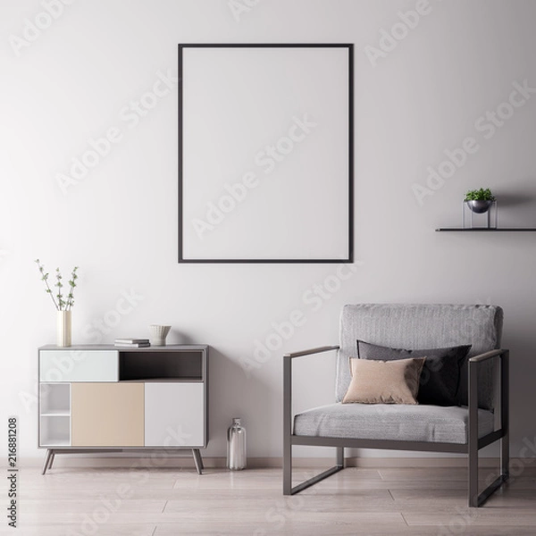 Fototapeta Mock up poster frame in Interior room with white wal, modern style, 3D illustration