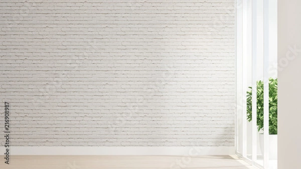 Fototapeta Empty room and white brick wall decorate design for artwork. Wood floor and white brick wall space for add message or decoration artwork. Interior simple design. 3D Rendering