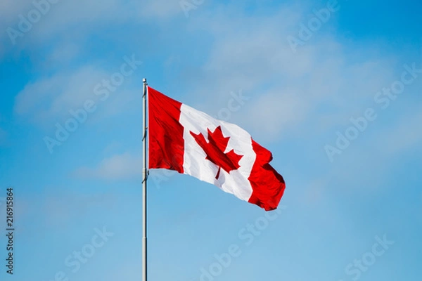 Obraz Blue skies with a canadian maple leaf flag in the wind
