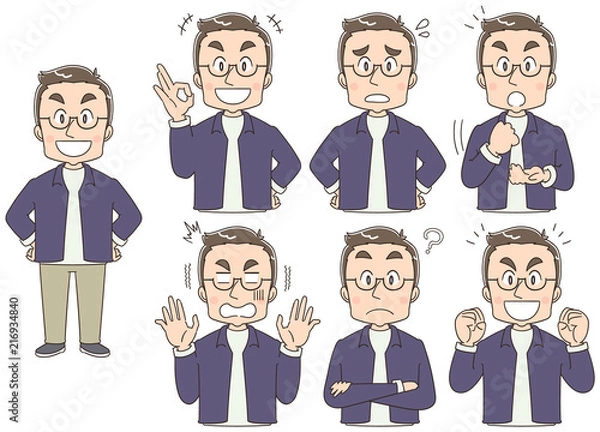 Fototapeta 私服姿のアラフォー男性のイラスト（セット・全身）