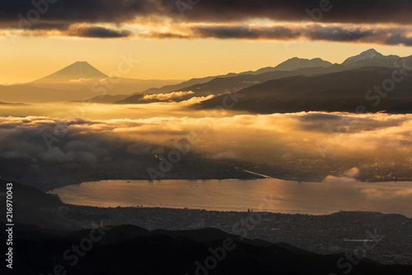 Fototapeta 諏訪湖 日の出 富士山