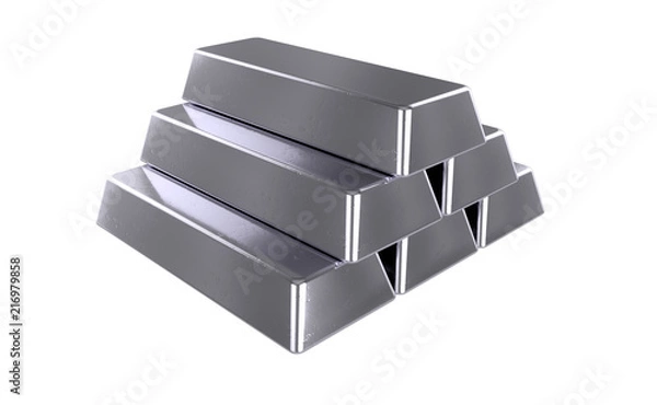 Obraz 3D realistic render of pile silver bars. Isolated on white background.
