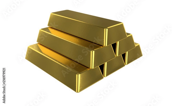 Obraz 3D realistic render of pile golden bars. Isolated on white background.