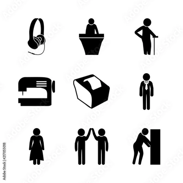 Fototapeta business vector icons set. clothe sewing machine, reception, business man and irons headphones in this set