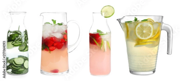 Fototapeta Set with fresh lemonade on white background