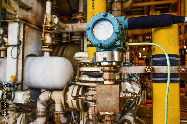 Fototapeta Pressure transmitter, and temperature transmitter for measurement and monitor data of oil and gas process.Install on oil and gas pipe line.Black and white.