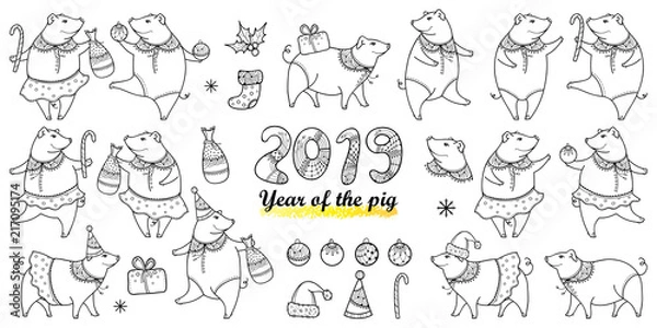 Fototapeta Vector set with outline happy pig in black isolated on white background. Symbol of Chinese New Year 2019 in contour style. Ornate pigs and decoration for winter celebration design and coloring book.