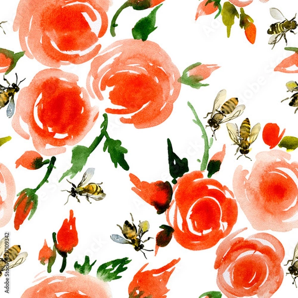 Obraz Delicate, small, fragrant, vintage roses and honey, rustic, wild bees. Watercolor. Illustration
