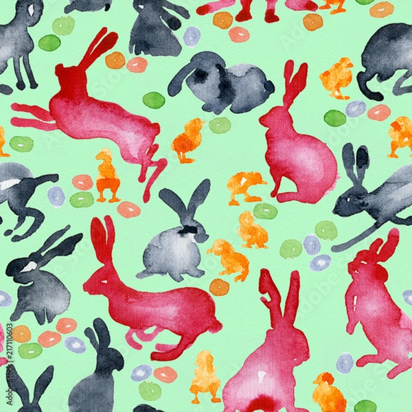 Obraz A country bird is a chicken and small, nimble chickens. Thick, well-fed rabbits and wild, forest hares. Easter, colored eggs. Watercolor. Illustration