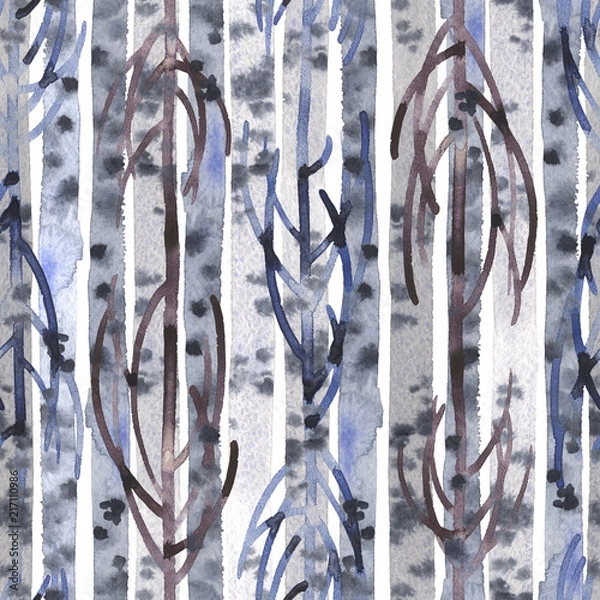 Obraz A wooden, monochrome, gray collage. Rustic fence. A thick, misty forest. Watercolor. Illustration