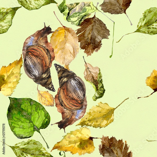 Obraz Autumn, rotten, fallen, seasonal leaves from trees. Wet, wet, large snail. Watercolor. Illustration