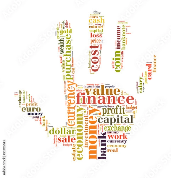 Obraz wordcloud finance and business words on hand shape