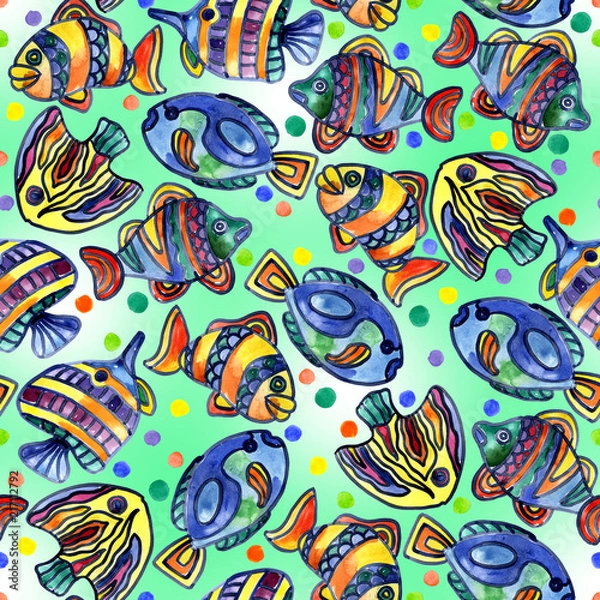 Obraz Aquarium, river, lake, merry, rainbow, colorful fish in the water. Watercolor. Illustration