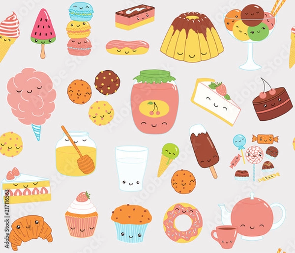 Obraz Hand drawn seamless vector pattern with kawaii funny sweet food doodles of cake, cookies, ice cream, candy, jam, macarons. Line drawing. Design concept kids textile print, wallpaper, wrapping paper.