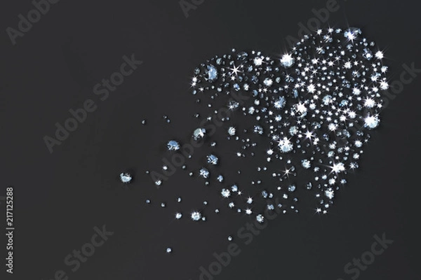 Fototapeta Many diamonds scattered on the table in the shape of a heart. 3d illustration