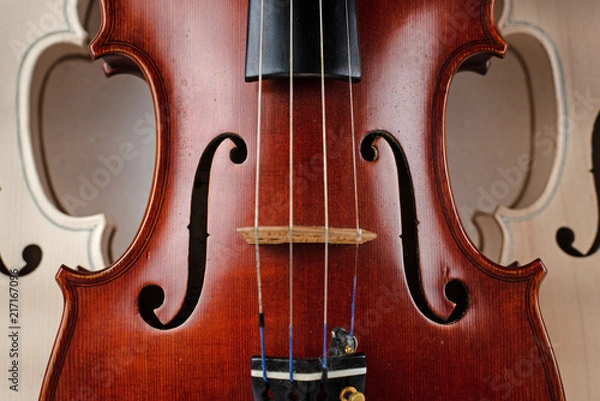 Obraz Closeup front side of completed violin,in front of half front side of raw violin,blurry light around