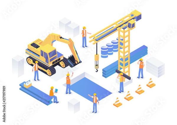 Fototapeta Modern Isometric Under Construction Industrial Site Concept Illustration In Isolated White Background