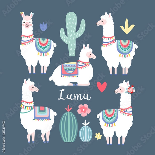 Obraz Lama alpaca or guanaco graphic elements. Isolated vector objects, flat design