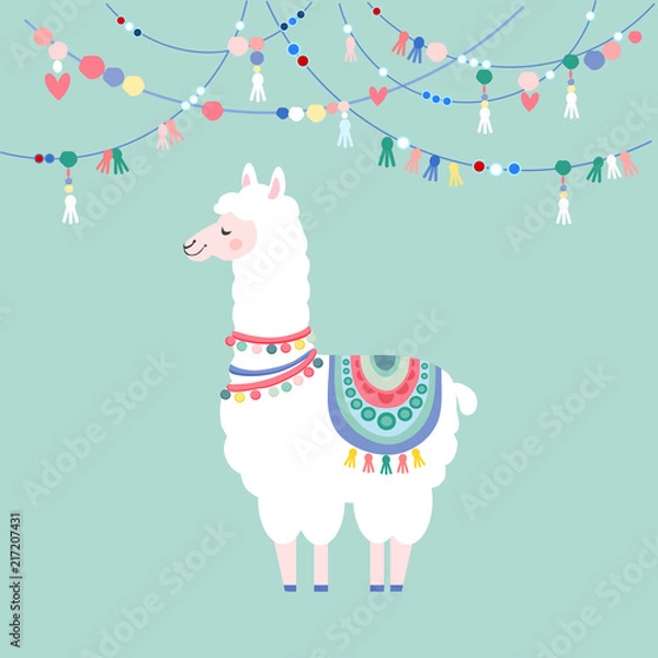 Obraz Lama with gerlands, greeting card, vector illustration