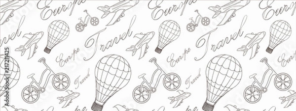 Fototapeta Travel pattern with balloon, airplane, bicycle and inscriptions, on a white background oblong illustration