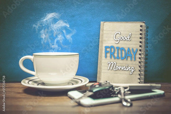 Obraz A cup of coffee cell phone and key of car.