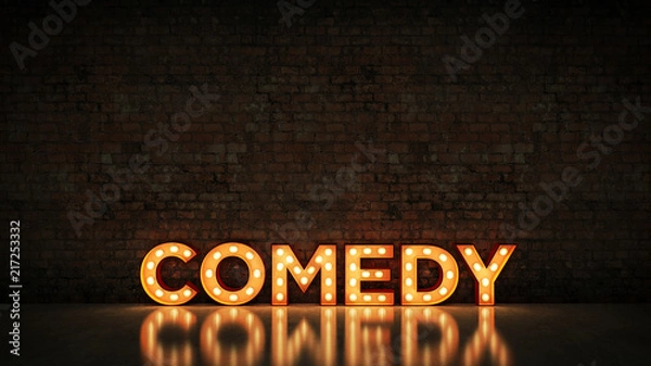 Obraz Neon Sign on Brick Wall background - comedy. 3d rendering