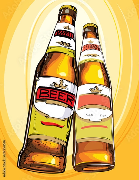 Fototapeta Two brown bottles of beer with label. Vector illustration. Cheers.