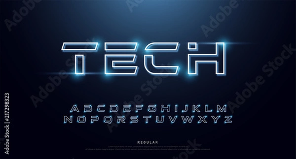 Fototapeta Technology abstract neon font and alphabet. techno effect logo designs. Typography digital space concept. vector illustration