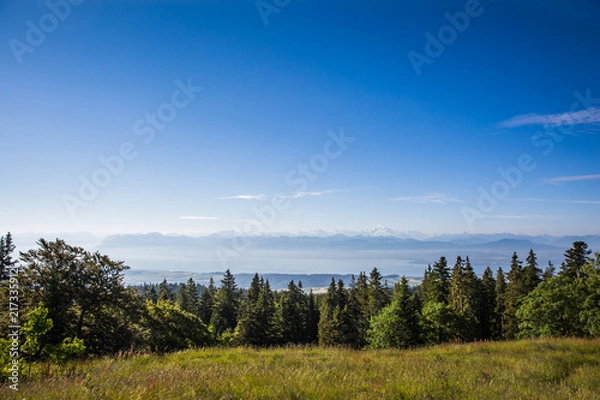Fototapeta Panoramic View of Lake Leman and the Mont-Blanc Mountain Chain on a Sunny Summer Morning .