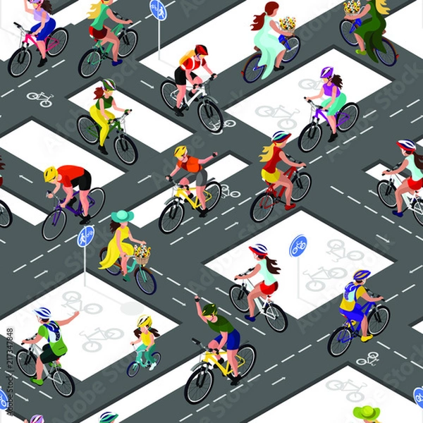 Fototapeta Seamless pattern of cyclists. A woman on a bicycle, a man on a bicycle, a child on a bicycle. Isometric 3d