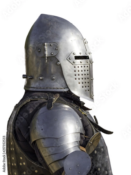 Fototapeta Side view of medieval knight isolated white background