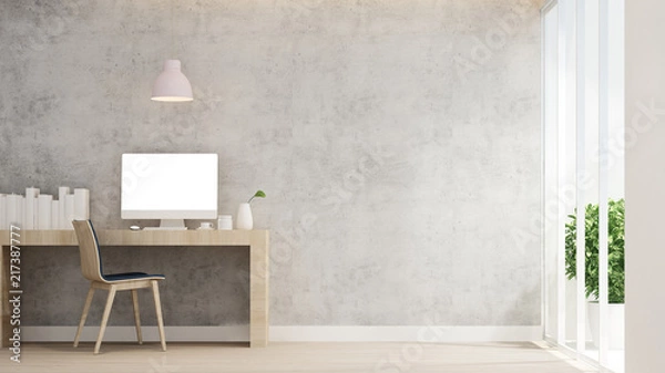 Fototapeta Workplace and concrete wall decorate in home or apartment - Interior simple design - Working room for residence artwork - 3D Rendering