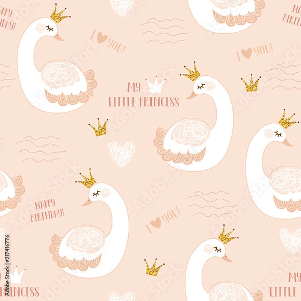 Fototapeta Little swan princess vector illustration seamless pattern