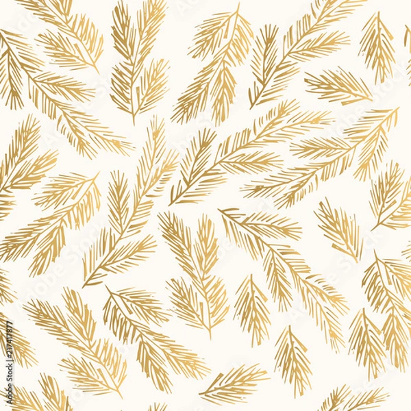 Fototapeta Golden winter pattern with fir branches. Decorative New Year background. 