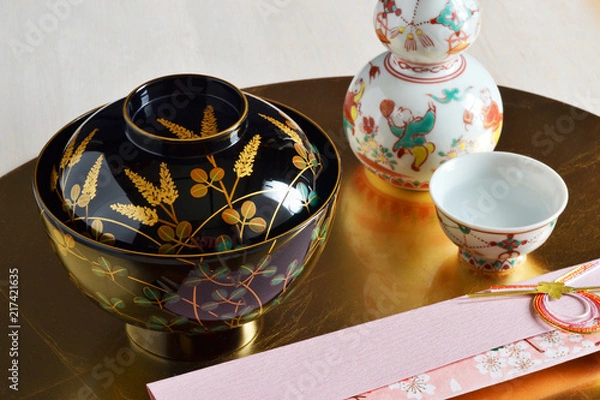 Obraz 輪島塗りのお椀と九谷焼き