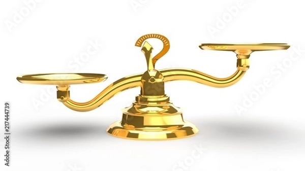 Fototapeta image of Golden scales, with empty bowls, the idea of judgment and evaluation, a balanced approach to case prioritisation and the definition of values. 3D rendering on white background.