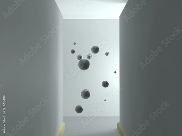 Fototapeta the image of an empty corridor lit by a rectangular light with white walls and a lot of flying silver balls. a stylized image on white background. 3D rendering