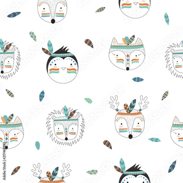 Obraz Vector seamless pattern with indian tribal animals faces