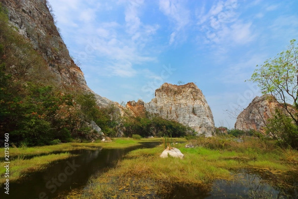 Obraz Wide angle shot of rocky mountain of khao Ngu Stone Park , Ratchaburi , Thailand.