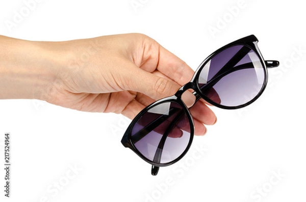 Obraz Stylish plastic sunglasses with hand isolated on white background