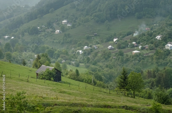 Fototapeta Wooden barn located on the slope of the hill, covered with forest and meadows. Ecology concept of clean environment. Natural background. Taken at misty spring day at Carpathian mountains, Ukraine.