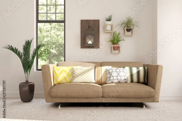 Obraz Idea of white room with sofa and summer landscape in window. Scandinavian interior design. 3D illustration