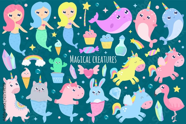 Fototapeta Magical creatures. Narwhal, unicorn mermaid,bunny mermaid, cat mermaid, pegasus, magical items vector illustration
