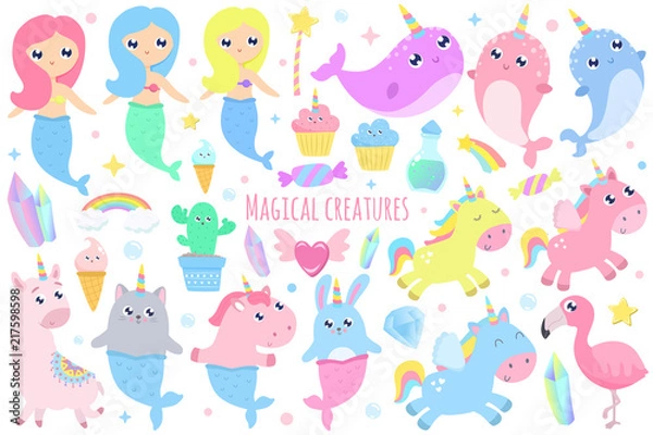 Fototapeta Magical creatures. Narwhal, unicorn mermaid,bunny mermaid, cat mermaid, pegasus, magical items vector illustration